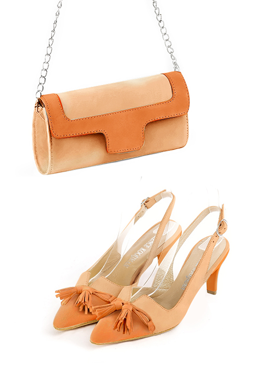 Apricot orange women's open back shoes, with a knot. Tapered toe. Medium slim heel. Worn view - Florence KOOIJMAN